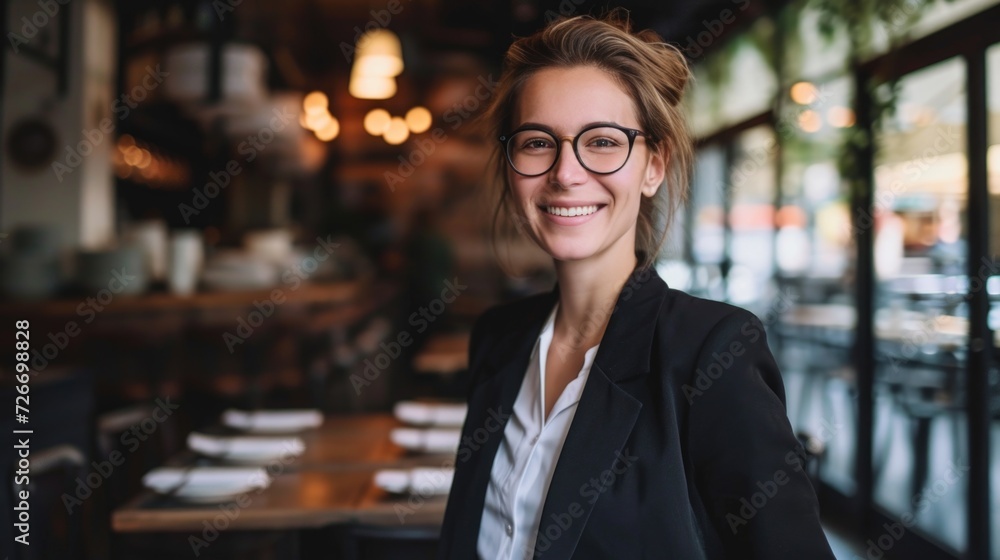 smiling business woman wearing glasses and standing in a restaurant smiling business woman wearing glasses and standing in a restaurant