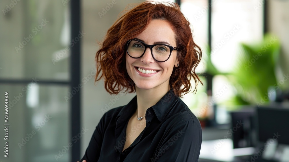 smiling woman with glasses and dark red hair in a business office smiling woman with glasses and dark red hair in a business office