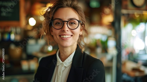 smiling business woman wearing glasses and standing in a restaurant