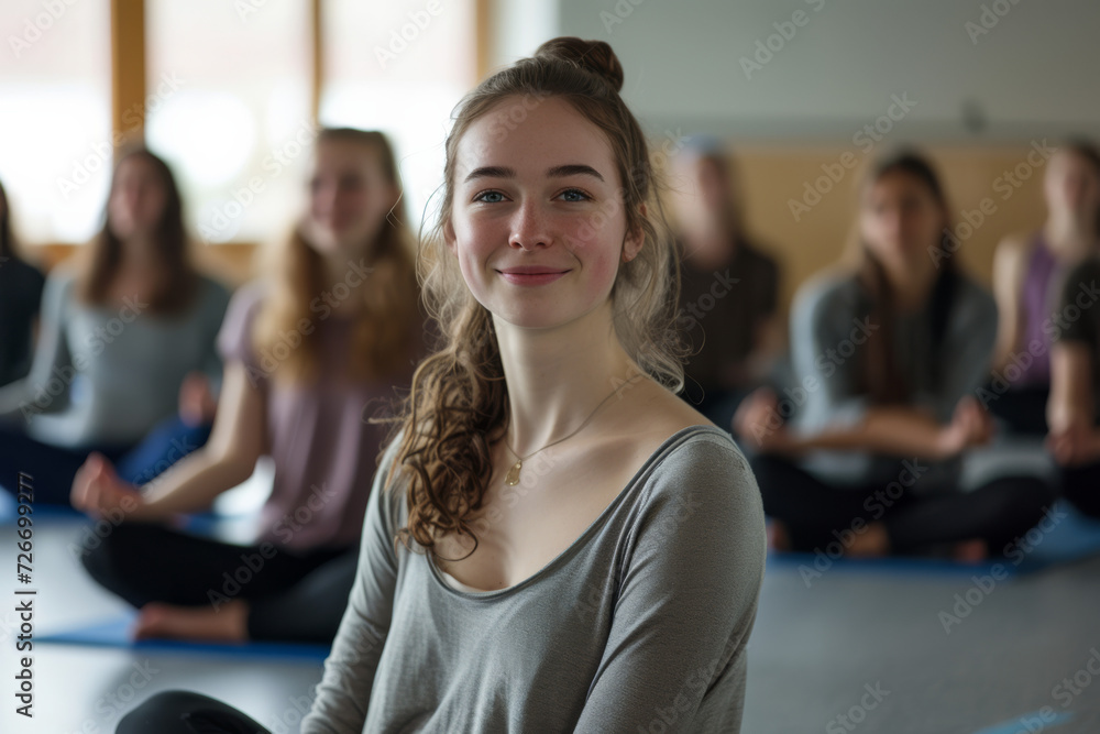 A group of young women are sitting on yoga mats and smiling