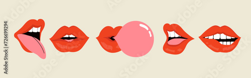 Mouth expression.Set of open female human mouth, tongue, teeth in modern flat, line style. Hand drawn vector illustration of sexy lips. Fashion patch, emblem, sticker, badge. 