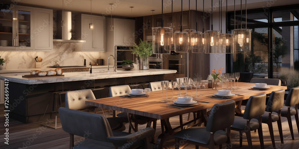 Realistic closeup of luxurious Modern Kitchen Interior, Efficient Modern Kitchen Sleek Design, a fashionable kitchen space and shelves, decorated with a variety of accessories