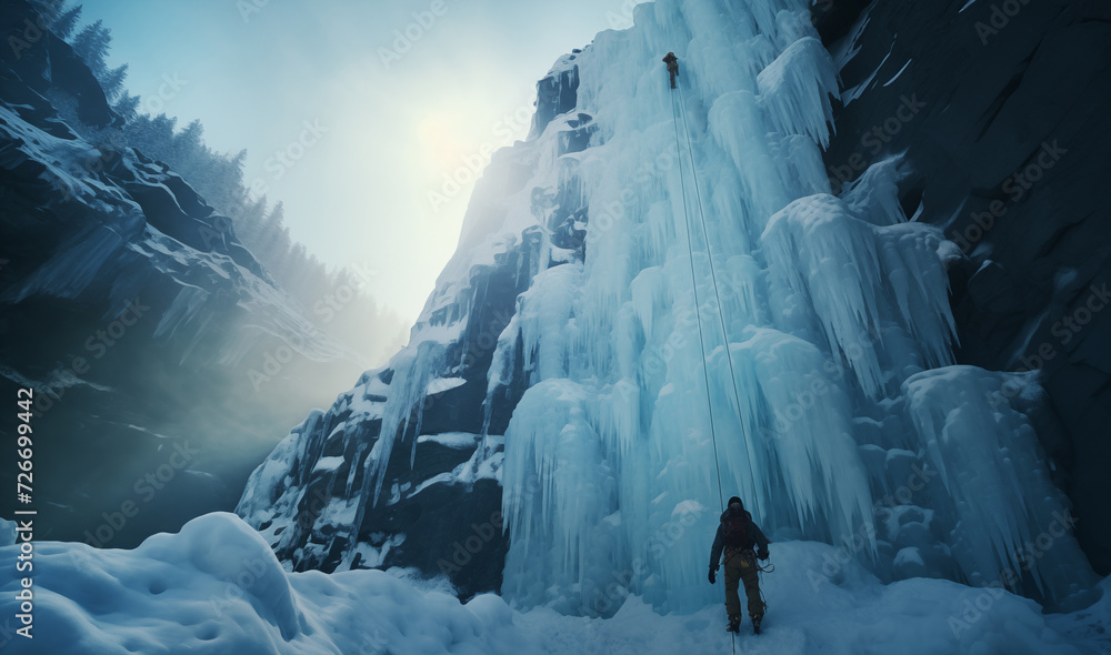 Ice climbers dressed in warm climbing clothes, safety harnesses and helmet climb frozen vertical waterfalls belaying each other using belay device. . Active people and sports activities concept image - obrazy, fototapety, plakaty 