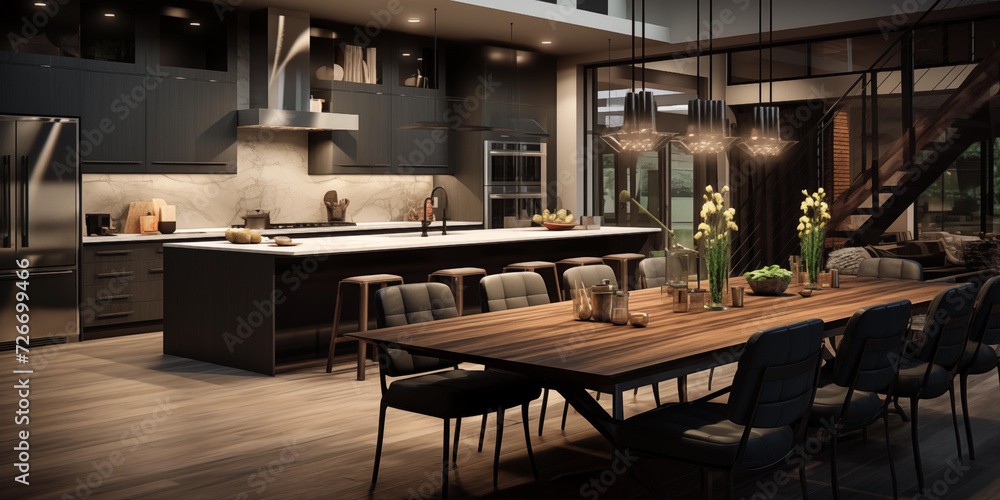 Realistic closeup of luxurious Modern Kitchen Interior, Efficient Modern Kitchen Sleek Design, a fashionable kitchen with dinning table and sofa chair, decorated with a variety of accessories Realistic closeup of luxurious Modern Kitchen Interior, Efficient Modern Kitchen Sleek Design, a fashionable kitchen with dinning table and sofa chair, decorated with a variety of accessories