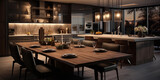 Realistic closeup of luxurious Modern Kitchen Interior, Efficient Modern Kitchen Sleek Design, a fashionable kitchen space with wooden dinning table, decorated with a variety of accessories