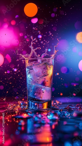 Whiskey glass with ice cubes and water splashes at bright multicolored neon background