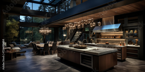 Realistic closeup of luxurious Modern Kitchen Interior, Efficient Modern Kitchen Sleek Design, a fashionable kitchenwith open living room, decorated with a variety of accessories
