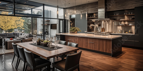Realistic closeup of luxurious Modern Kitchen Interior, Efficient Modern Kitchen Sleek Design, a fashionable kitchen space with glass window, decorated with a variety of accessories