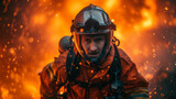 Firefighter in full outfit coming out of flames of fire profile view