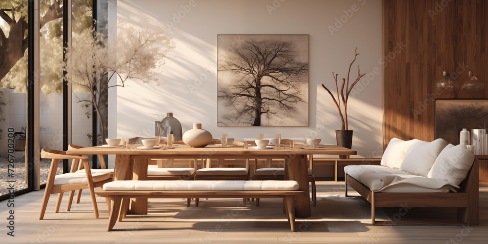 Realistic closeup of luxurious Modern Kitchen Interior, Efficient Modern Kitchen Sleek Design, a fashionable dinning table with sofa and large abstract art design on back wall - obrazy, fototapety, plakaty 