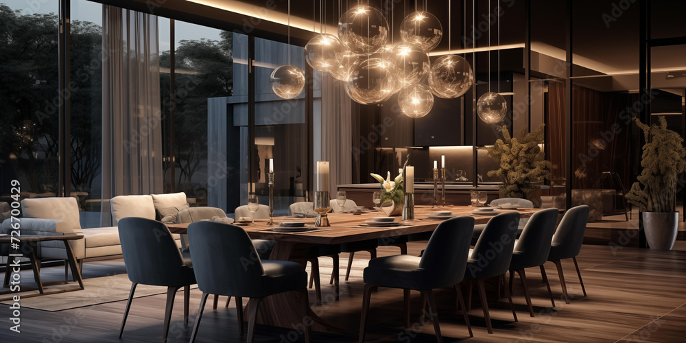 Realistic closeup of luxurious Modern Kitchen Interior, Efficient Modern Kitchen Sleek Design, a kitchen with dinning table and numbers of pendant, decorated with a variety of accessories - obrazy, fototapety, plakaty 