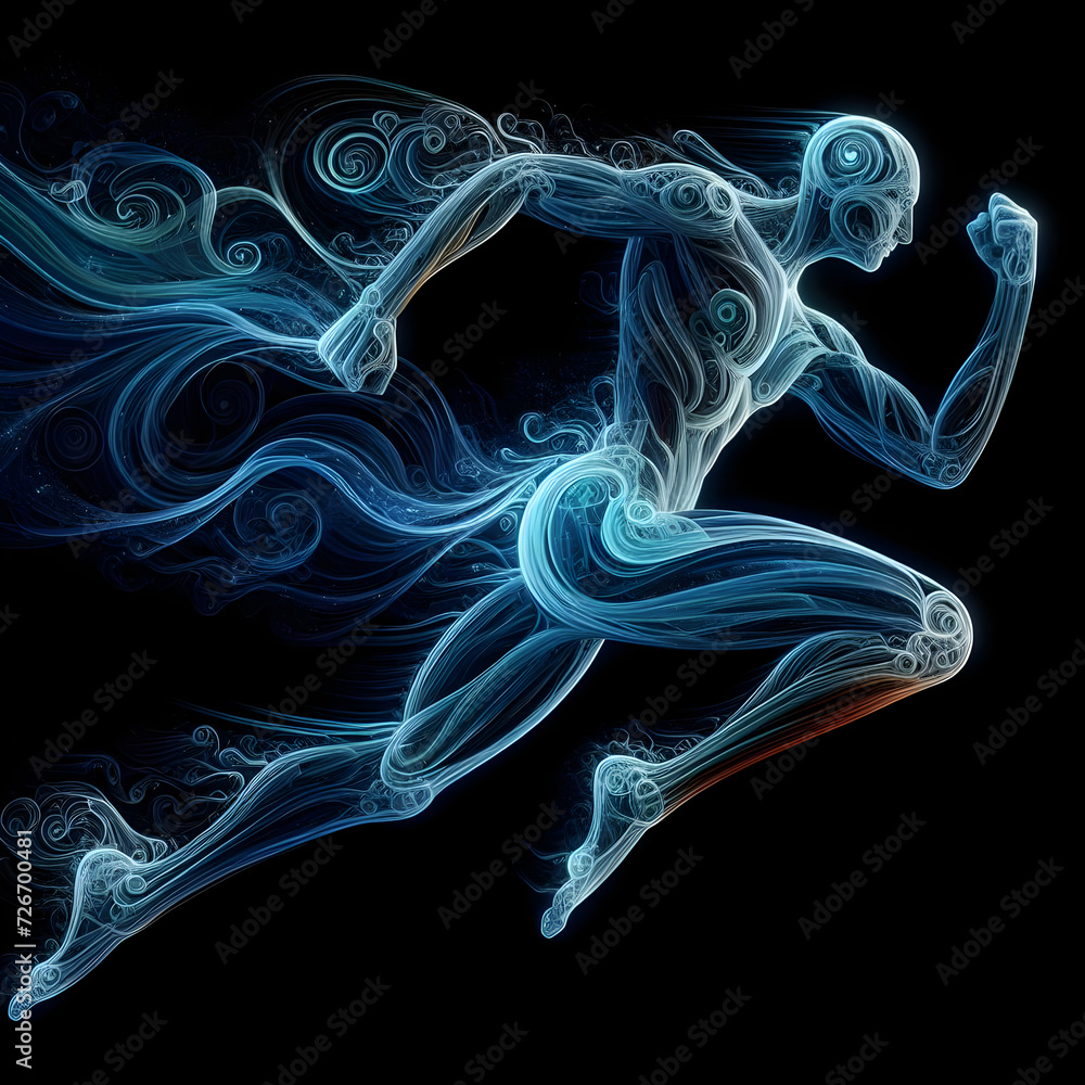 Luminous running figure composed of swirling blue and white lights on a dark backdrop. Energy and motion Concept. Luminous running figure composed of swirling blue and white lights on a dark backdrop. Energy and motion Concept.