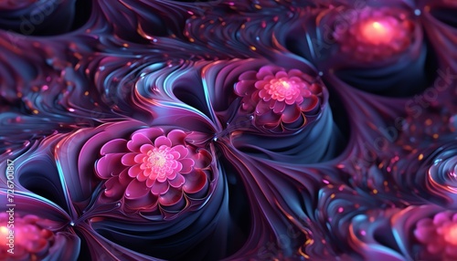 Abstract fractal art with swirling patterns and glowing orbs in shades of purple and pink.
