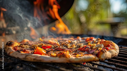 a sleek Webber grill sizzles with the aroma of pizza being expertly cooked in a picturesque park setting, evoking the ambiance of outdoor culinary delight and camaraderie.