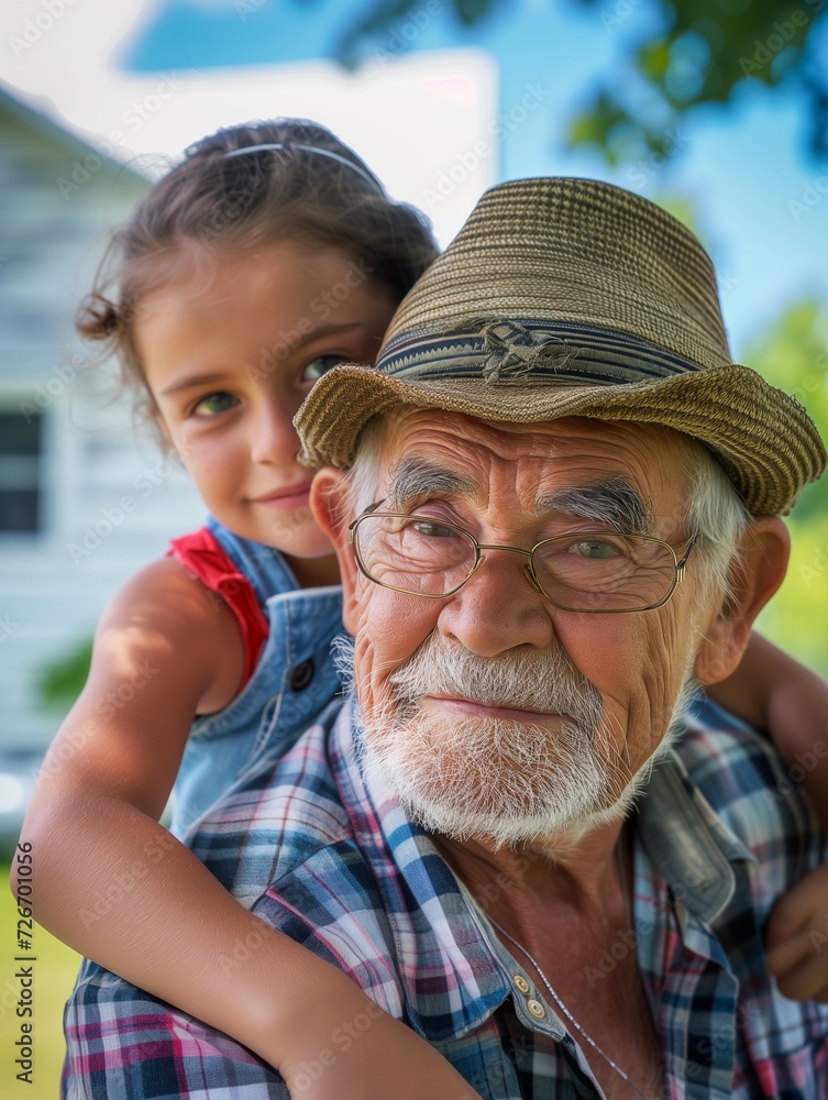 Elderly Man Smiling with Grandchildren Outdoors