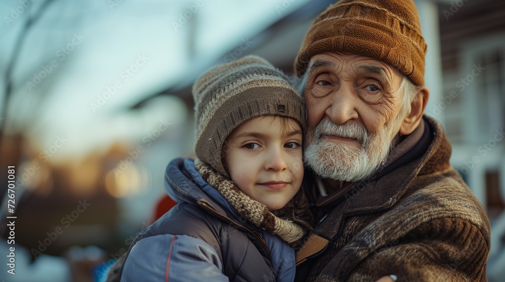 Elderly Man Smiling with Grandchildren Outdoors Elderly Man Smiling with Grandchildren Outdoors