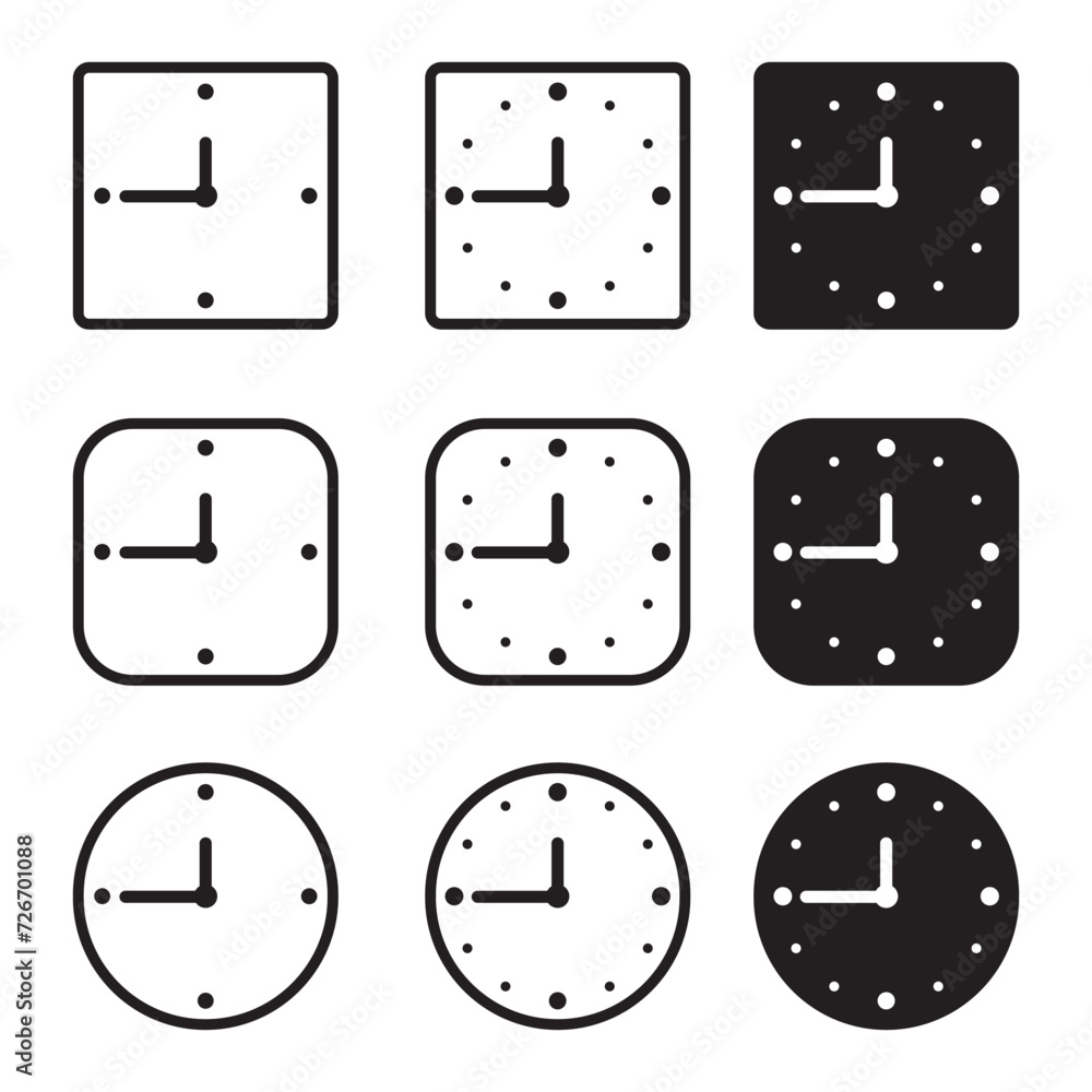 Clock icon set. Time clock icons collection. Line clocks symbol, vector black clocks icons isolated on white background Clock icon set. Time clock icons collection. Line clocks symbol, vector black clocks icons isolated on white background