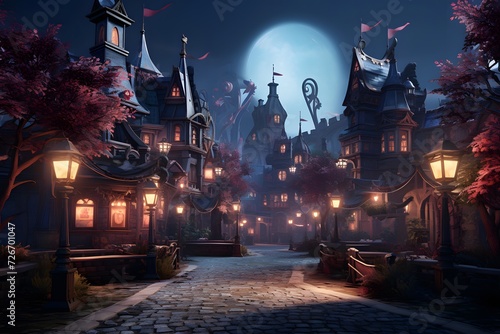 Halloween night scene with haunted house and full moon. 3d rendering