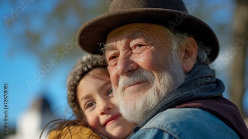 Elderly Man Smiling with Grandchildren Outdoors