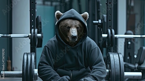 a bear with fur and brown eyes dons a black hoodie and grey shorts, showcasing strength and determination while lifting heavy weights in the gym, enveloped in an atmosphere of motivation.