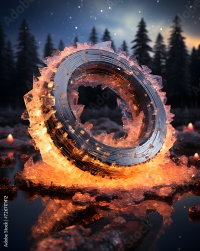 3d rendering of a metal wheel in a frozen lake at night