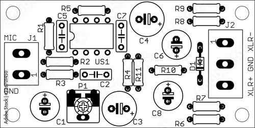 Placement of components of radio elements (contact
pads and seats) on the printed circuit
board of an electronic device.
Vector engineering technical
drawing. Pcb template. Electric background. 