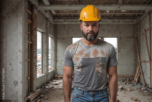 Factory Worker in Hard Hat, Portrait Against Construction Room Background