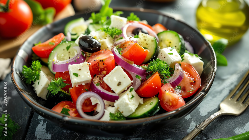 greek salad with feta cheese, tomatoes, olives greek salad with feta cheese, tomatoes, olives