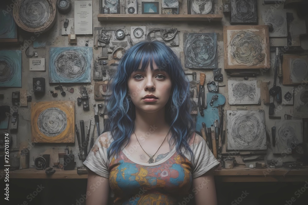 Young Woman Engrossed in Her Artworks, A Portrait of Creativity Young Woman Engrossed in Her Artworks, A Portrait of Creativity