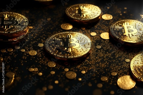 Golden bitcoin on a black background. Cryptocurrency concept. Close up.