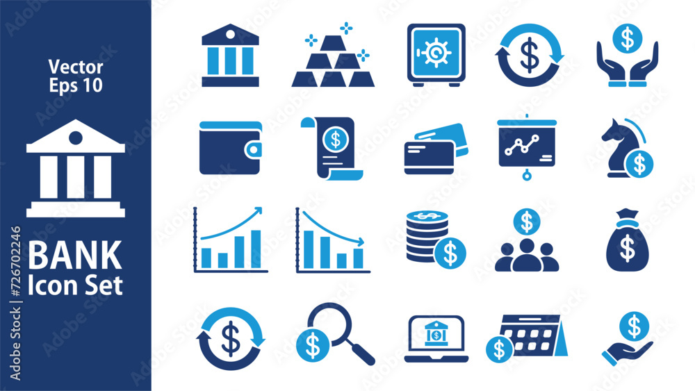 Bank icon set, wallet , online banking, loan, ATM, investment icon vector design illustration, solid icon in trendy style Bank icon set, wallet , online banking, loan, ATM, investment icon vector design illustration, solid icon in trendy style