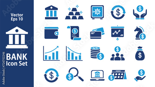 Bank icon set, wallet , online banking, loan, ATM, investment icon vector design illustration, solid icon in trendy style