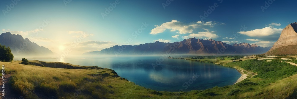 panorama of Sunrise over the natural mountains and hills surrounding a large lake
