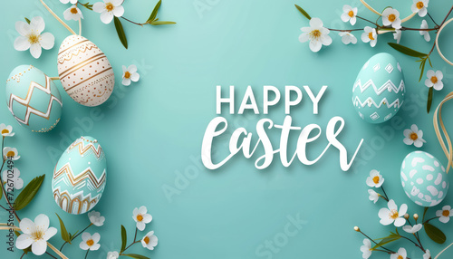 spring easter eggs among flowers on pastel blue background