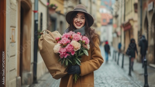 a 35-year-old lady, radiating happiness as she carries a large bag filled with vibrant peonies, her tall stature and elegant coat adding to the charm of the scene.