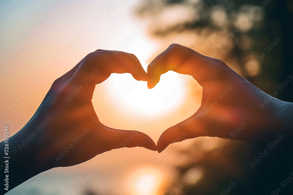 Fototapeta premium Two hands forming a heart shape against a warm sunlit backdrop