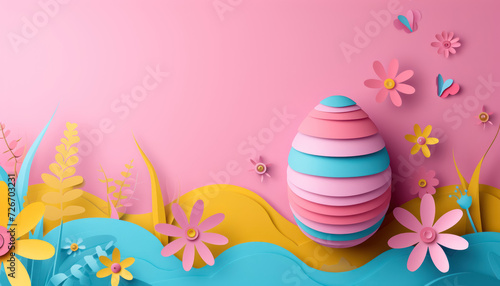 playful easter egg and spring flowers on pink and blue abstract background