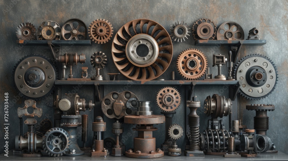 drum brakes, gears, and assorted metal components artfully displayed on a pedestal, against a grey, oxidized background, evoking an industrial ambiance that celebrates precision and craftsmanship. drum brakes, gears, and assorted metal components artfully displayed on a pedestal, against a grey, oxidized background, evoking an industrial ambiance that celebrates precision and craftsmanship.