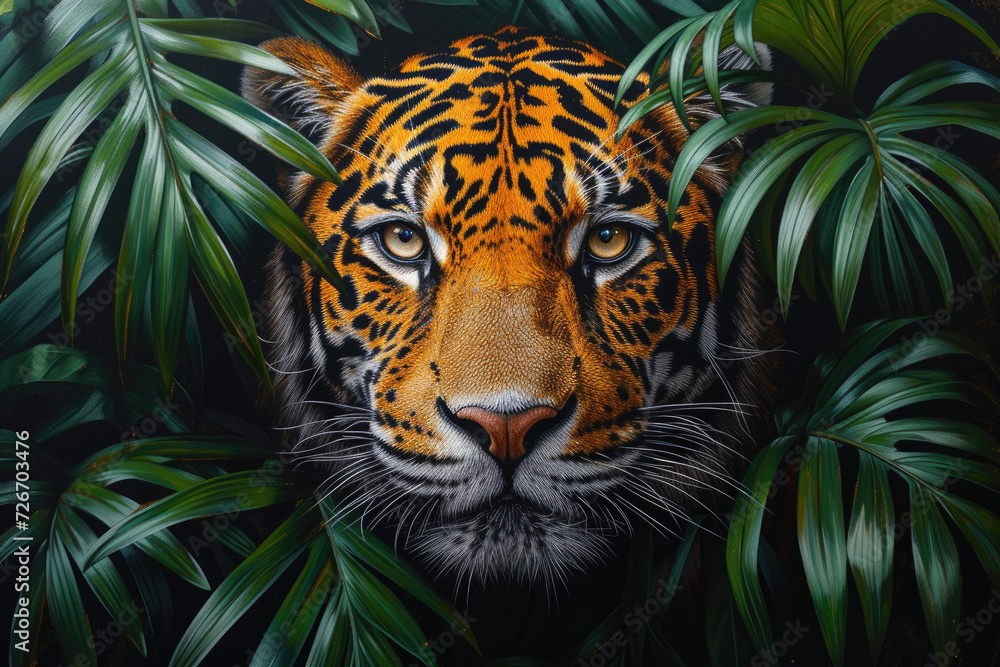 A close-up view of a Majestic Tiger face, surrounded by lush green foliage. A close-up view of a Majestic Tiger face, surrounded by lush green foliage.