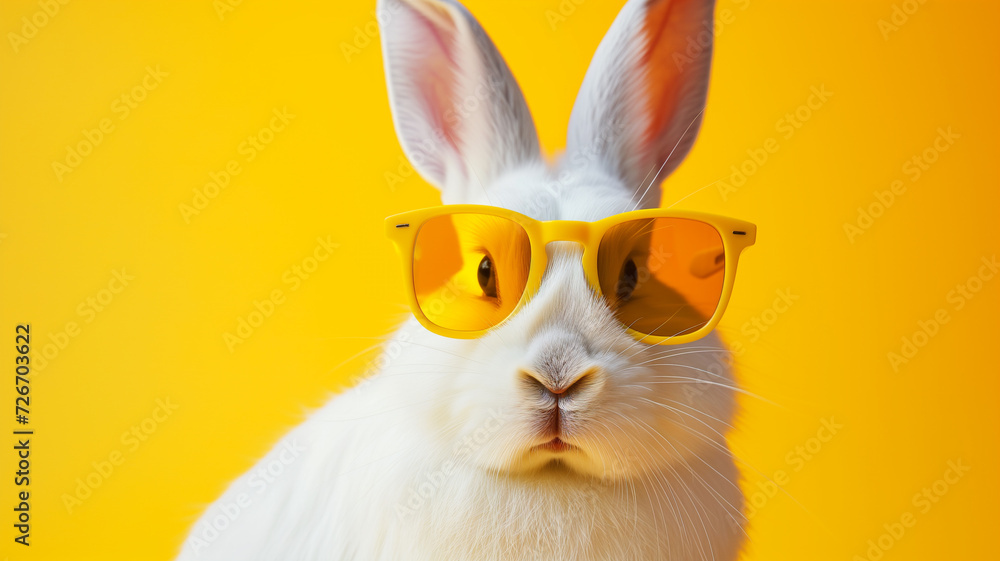 A whimsical rabbit wearing bright yellow sunglasses, stark contrast between the white fur and the vibrant yellow background