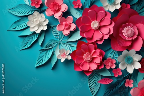 Paper cut floral bouquet  Flower paper craft style. Mother s day. Happy Women s day. Botanical 8 March. Invitation banner. Postcard. Pink and blue colors  Spring summer time