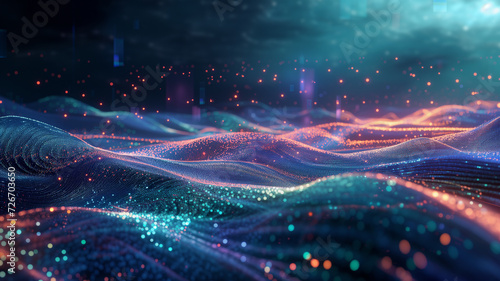An artistic vision of digital transformation, showing streams of virtual data and AI structures merging, a futuristic landscape with holographic elements,