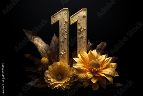 Golden number eleven with elegant flowers on black background. Symbol 11. Invitation for a eleventh birthday party or business anniversary. photo