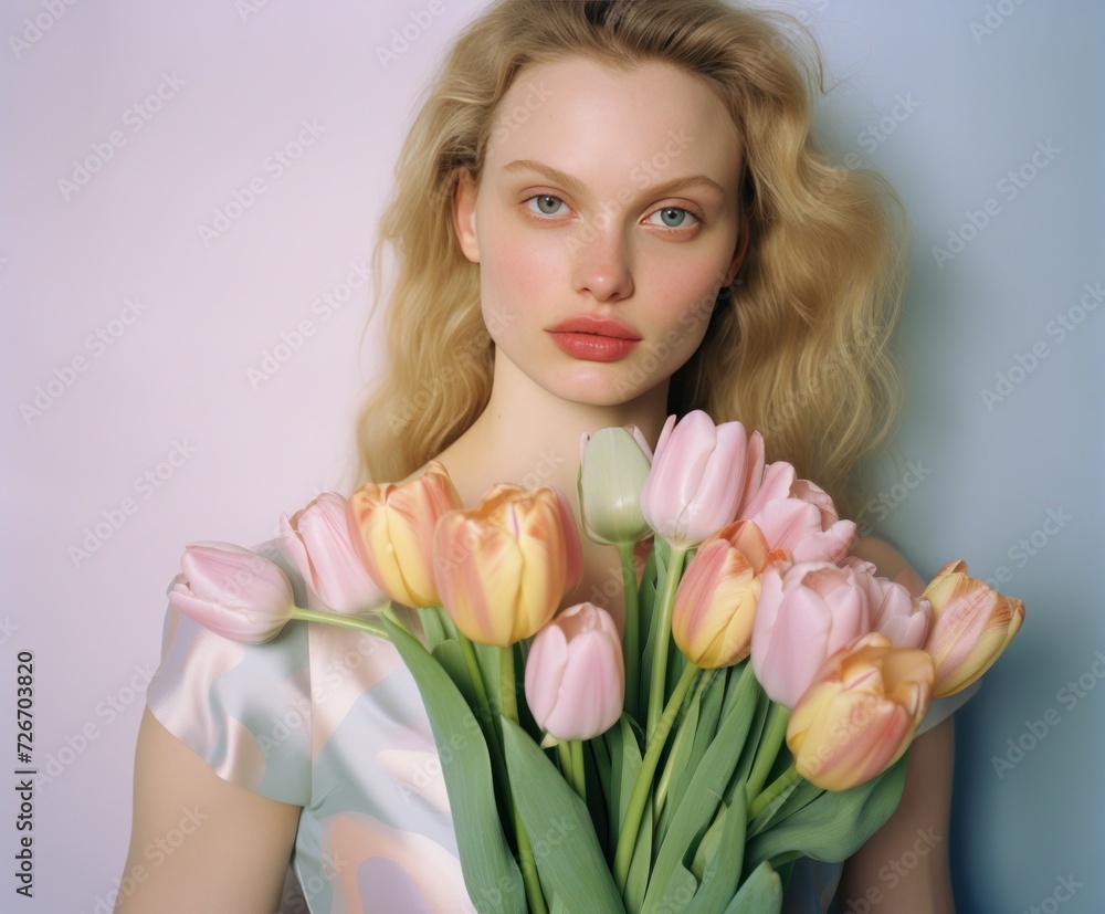 Happy girl holding bouquet of pastel white, yellow, pink. peach fuzz tulips on blue. Woman's Day. 8 March. Happy woman enjoy bouquet of tulips. Allergy free Happy girl holding bouquet of pastel white, yellow, pink. peach fuzz tulips on blue. Woman's Day. 8 March. Happy woman enjoy bouquet of tulips. Allergy free