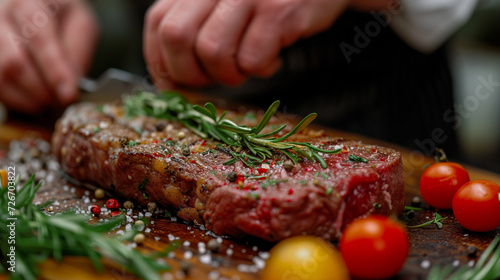Juicy, bright beef steak cooked by professional chefs with a beautiful presentation
