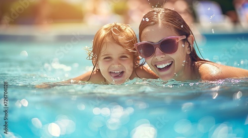 Happy mother and daughter in swimming pool having fun on summer vacation.AI.
