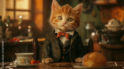 an animated kitten exuding sophistication in its attire, portrayed in hyper-realistic detail