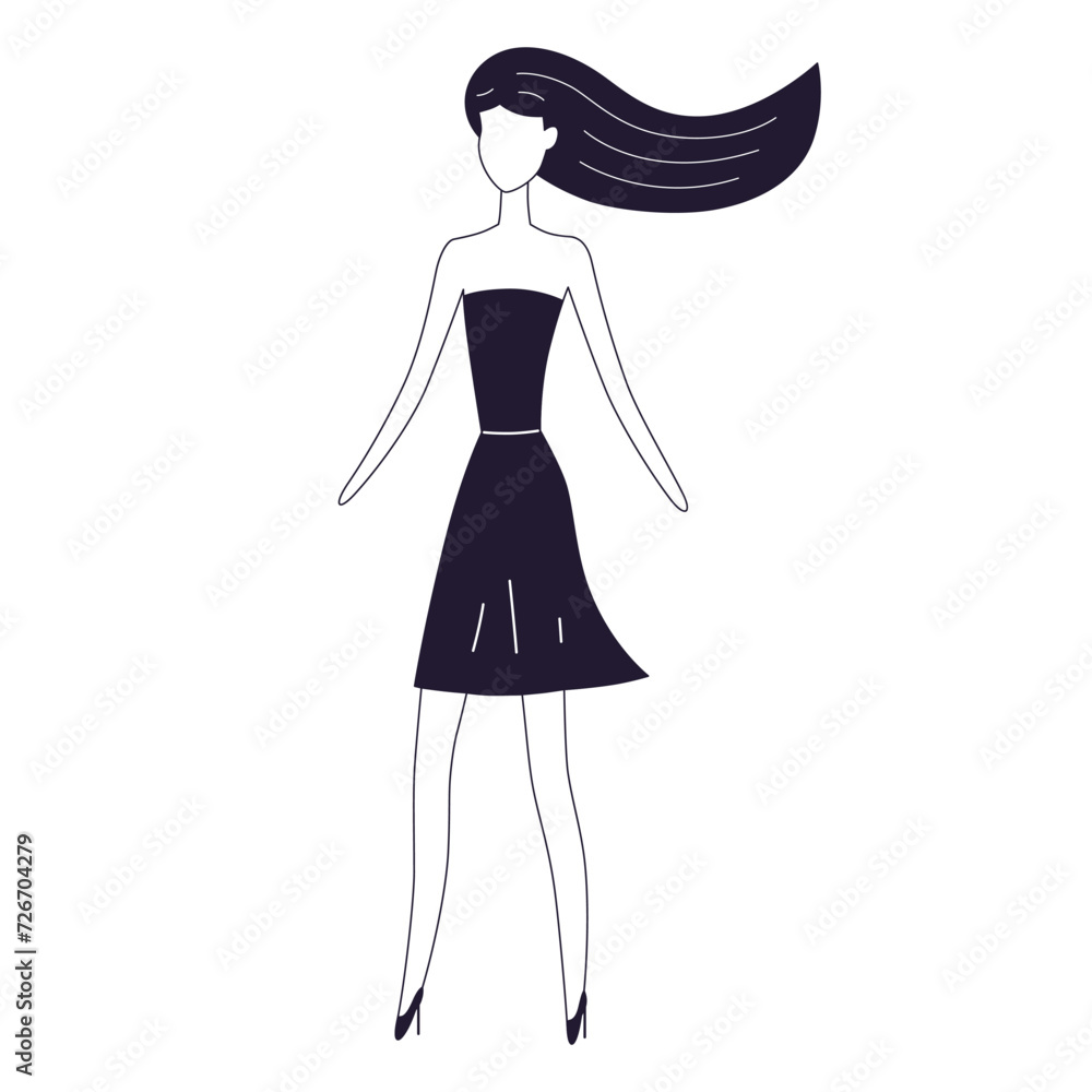 Fashion model girl in a dress and high heels shoes black and white vector illustration