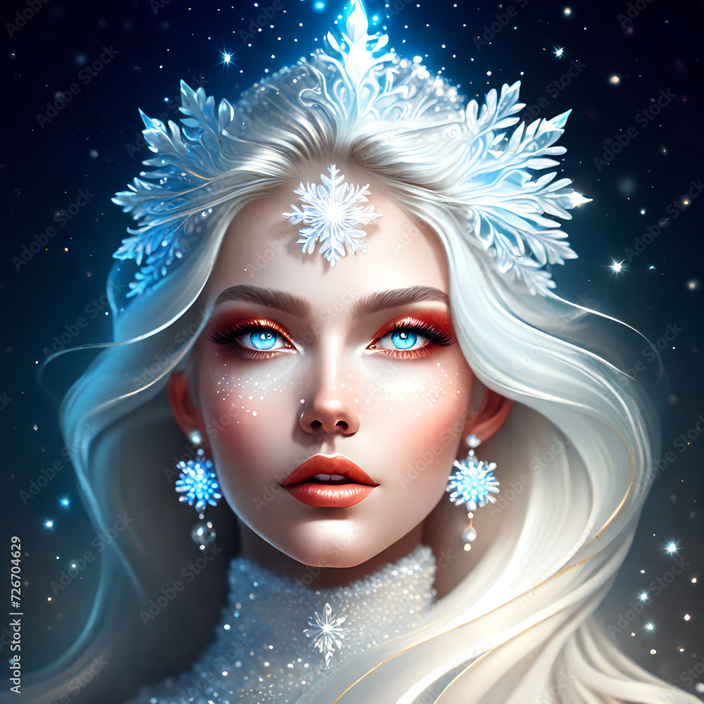 A blue eyes beautiful woman with snowflake
