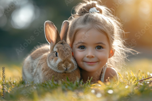 Cute little girl laying in a grass with a rabbit bunny. Easter concept.  © julijadmi